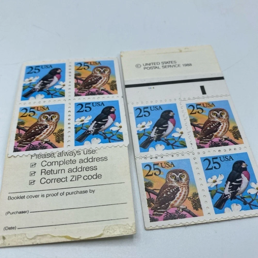 USPS Stamps 25c. Grosbeak & Owl Pair of 8 Birds Postage Vintage Mail 1988
